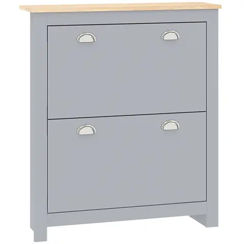 HOMCOM 2 Drawer Shoe Cabinet Modern Narrow Shoe Cupboard Hallway Wooden Storage Organiser Grey