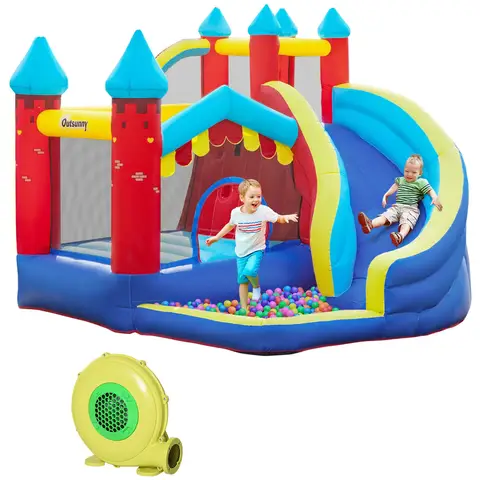 Outsunny Kids Bouncy Castle, 4 In 1 Large Inflatable Bounce House w/ Trampoline, Slide, Water Pool, Ball Pit, Climbing Wall, Includes Blower, Bag, Ages 3-8 Years, 2.9 x 2.7 x 2.3 m