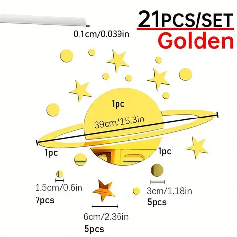 21pcs PVC mirror sticker DIY planet decoration, self-adhesive home decoration 19*18CM,GOLD