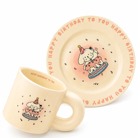 Cute cartoon puppy birthday ceramic plate and mug set, suitable for gifting Candle Cake Dog Series Dinner Plate and Mug Set
