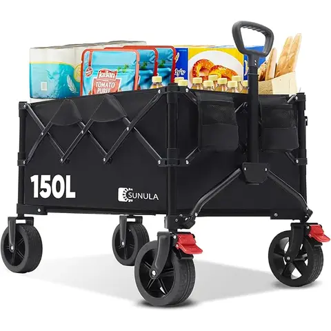 SUNULA Chariot Pliable de Plage 120KG Transport Repliable 4 Faces, poignée à déclic & Roues Tout-Terrain Freins 150L, Noir