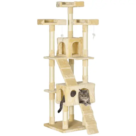PawHut Large Cat Tree, 173 cm Cat Tower with 10 Scratching Posts, 3 Perches, 2 Condos, 1 Ramp, Kitty Climbing Tower, Activity Centre House  for Indoor Kittens, Cream White
