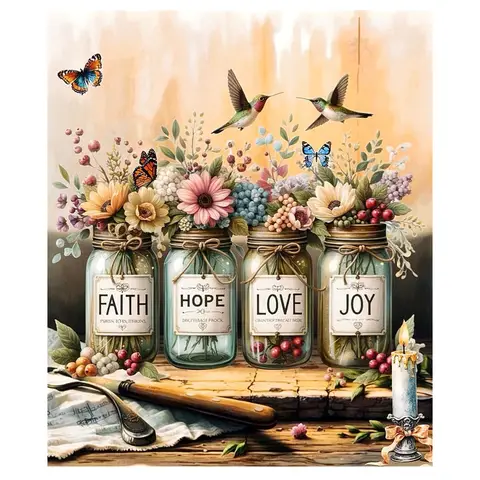 JU7CER 5D Full Drill Diamond Painting Kit - Faith Hope Love Joy | Adult Inspirational Quote Vase Art | Home Decor & Gift 12×16 Inches (30×40cm)