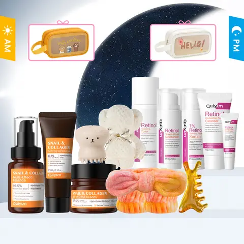 QUIYUM Snail Collagen & Retinol Day-Night Set (14pcs): Snail (Cleanser 100g, Toner 100ml, Cream 50g) + Retinol (Cleanser 50g, Toner 100ml, Eye 15g, Serum 30ml, Cream 30g) + Headband, Comb, Towel, Brush & Makeup Bags