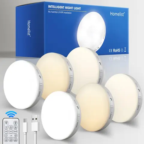 Homelist Motion Sensor Lights with Remote Control, 3 Color Temperatures, 6 Pack Wireless LED Rechargeable Night Lights, Magnetic Stick-On, Battery Operated USB Charging for Stairs, Corridors, Closet, Kitchen, Under Cabinets