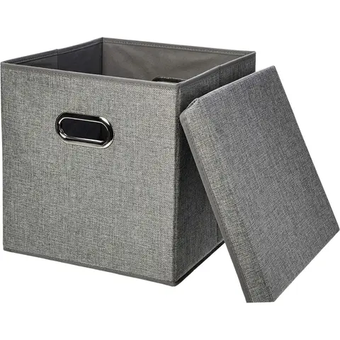 ANQI Foldable Burlap Cloth Cube Storage Bin with Lid, Gray, Set of 2