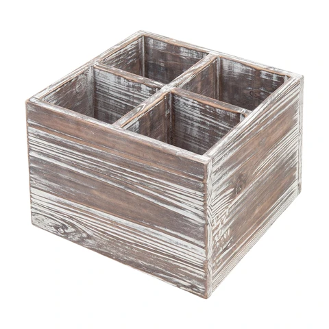 MyGift Rustikaler quadratischer Kochutensilienhalter aus geflammtem Holz für die Küchenarbeitsplatte, Besteckaufbewahrung mit 4 unterteilten Fächern