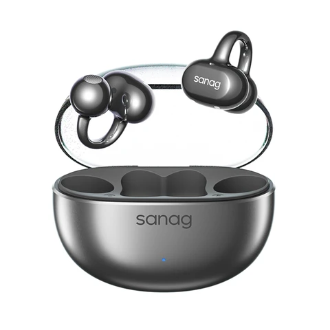 Casque Bluetooth Sans Fil Sanag S6S Nova à Conduction Osseuse avec Clip Auriculaire – Design Ouvert Haute Qualité pour le Sport et la Course, Réduction de Bruit et Technologie IA