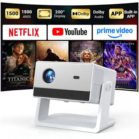 【Fußball-Weltmeisterschaft | TV-Ersatz】FunFlix Smart-Beamer mit WLAN und Bluetooth, offiziell lizenziertes Netflix, Dolby Audio, integrierte Apps, native 1080 Teile, Autofokus, Outdoor-Beamer für Heimkino, Innenbereich
