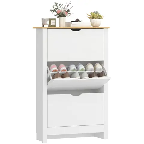 HOMCOM Narrow Shoe Cabinet, Space Saving Shoe Storage Cabinet with 3 Flip Drawers and Adjustable Shelves White