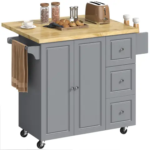 HOMCOM Kitchen Island on Wheels, Wooden Rolling Kitchen Storage Trolley with Drop Leaf, Rubber Wood Top, Drawers, Adjustable 