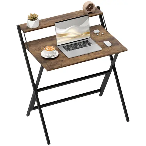 HOMCOM Folding Desk with Monitor Shelf, 81.5 cm Foldable Computer Desk for Small Spaces Rustic Brown