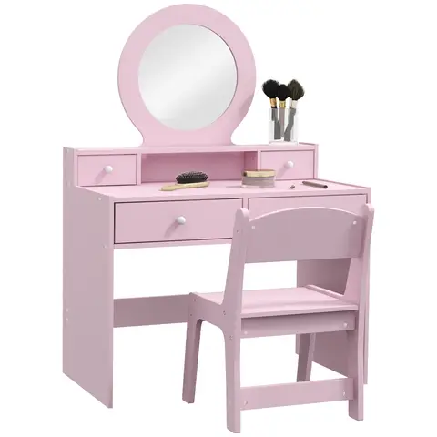 AIYAPLAY Kids Dressing Table with Mirror and Stool, Kids Vanity Table Make up Set with Storage Drawers Gift for Aged 3–8 Year