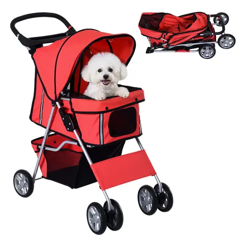 PawHut Pet Stroller for Small Miniature Dogs Cats Foldable Travel Carriage with Wheels Zipper Entry Cup Holder Storage Basket