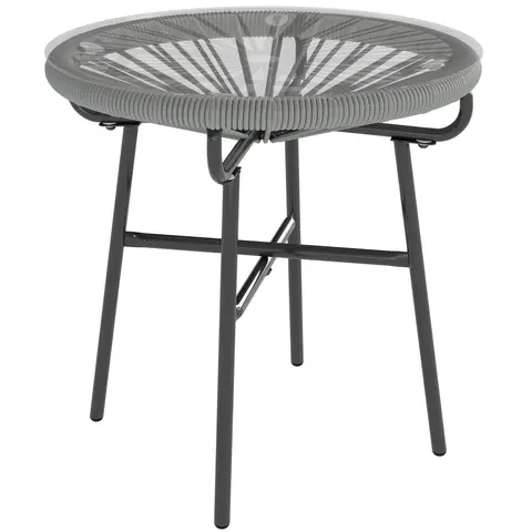 Outsunny Rattan Side Table, Round Outdoor Coffee Table, with Round PE Rattan and Tempered Glass Tabletop for Patio, Garden, B