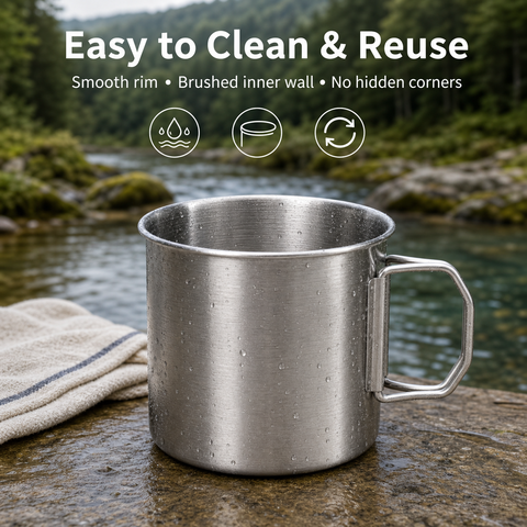 PURE COOK Campingbecher mit klappbarem Griff | 350 ml | 304 Edelstahl Outdoor-Reisebecher für Wandern & Trekking