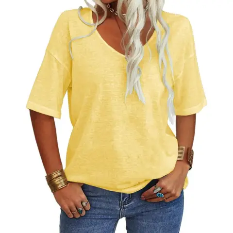 Women Fashion V-Neck Half Sleeves Oversized T Shirt Solid Casual Loose Basic Tops (yellow, L)