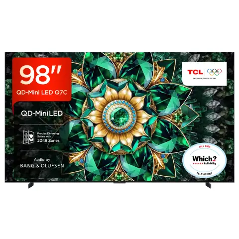TCL 98Q7C-UK 98” QD-Mini LED TV, 4K UHD, Smart Google TV with 144Hz Motion Clarity Pro, Dolby Atmos​, Audio by Bang & Olufsen, Game Master