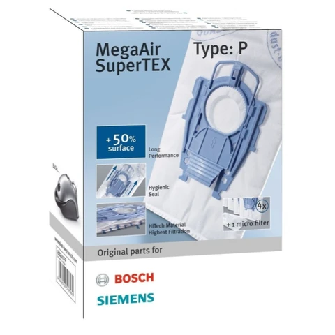 Bosch Megaair Super Tex Typ P Staubsaugerbeutel, Groß 6 L Kapazität und inklusive Mikro-Hygienefilter für den Motor - 4er Pack