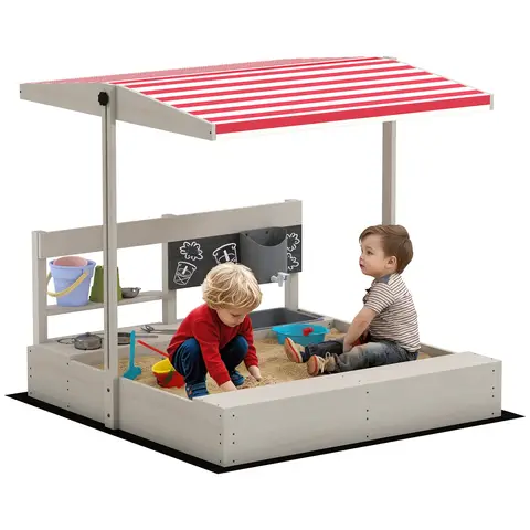 Outsunny Sand Pit Kids Sandbox with Height Adjustable Canopy, Wooden Sandpit with Kitchen Toys, Faucet, Seat, Storage, Bottom Liner for 3-7 Years Old Outdoor