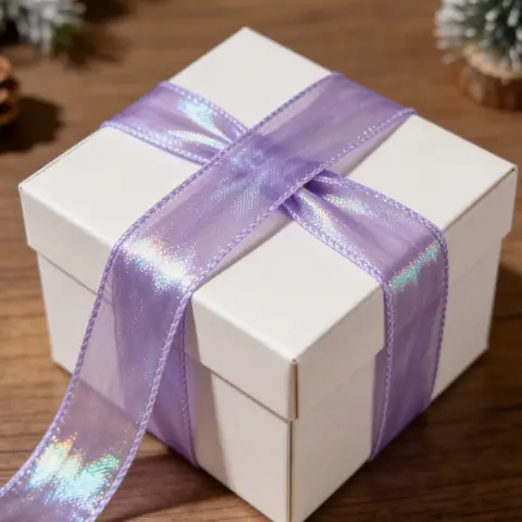 JU7CER 2-piece iridescent fishtail ribbon set [Dreamy Purple] 4.5cm x 9m bow-tie wave-patterned sheer ribbon Solid-colour silk ribbon floral packaging material