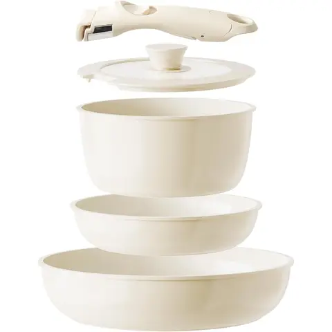 [Offres d'été 15 € de réduction - Code : RCOOK15EU] Redchef Batterie de cuisine en céramique 5 pièces, couleur extérieure blanche & couleur intérieure café clair, comprend une casserole de 20 cm avec couvercle & des poêles de 20 cm/26 cm & poignée amovible, sans PTFE/PFOA/PFAS, compatible lave-vaisselle