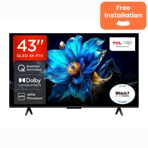 TCL 43P7K 43” QLED, Direct LED TV, 4K HDR TV, Smart TV Powered by Google TV (Dolby Vision & Atmos, Motion clarity, Hands-Free Voice Control, compatible with Google Assistant & Alexa)