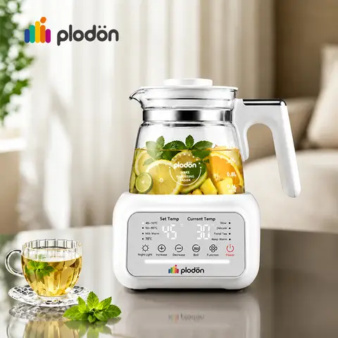 Plodon 1,3L 800W Bouilloire électrique en verre sain, Bouilloire multifonctionnelle de bien-être avec contrôle précis de la température, Réchauffage de lait, Déchloration, Maintien au chaud, Veilleuse et écran LCD, Pour thé, café et lait