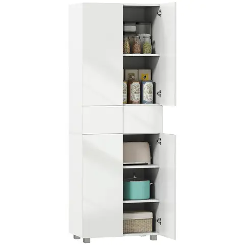 HOMCOM 4-Door Kitchen Cupboard, Tall Freestanding 5-Tier Storage Cabinet with 3 Adjustable Shelves, 2 Drawers for Living Room, Dining Room, Push to Open Design, High Gloss White