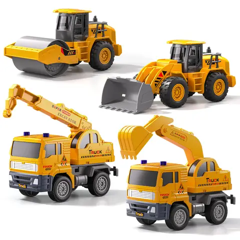 Jeu de construction de camions, lot de 4 véhicules d’ingénierie à propulsion par frottement avec excavatrice, grue, bulldozer et rouleau compresseur, jouet éducatif à pousser, idée cadeau pour garçons et filles de 3, 4, 5 et 6 ans
