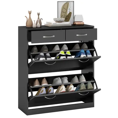 HOMCOM Narrow Shoe Cabinet, Slim Shoe Storage Cabinet with 2 Flip Drawers, 2 Slide Out Drawers and Adjustable Shelves Black