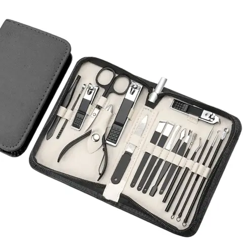 18 in 1 Manicure Set Nail Clippers Kit For Women&men Professional Stainless Steel Pedicure Care Tools Kit Nail Cutter Set Scissors Grooming Kit With Black Leather Travel Zip Case(Black)