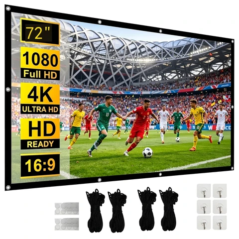 XBJ 72 inch projectiescherm 16:9 opvouwbaar kreukvrij scherm 160° brede kijkhoek dubbelzijdige projectie extra lange touwen & haken voor eenvoudige installatie