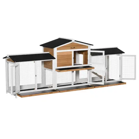 PawHut Large Rabbit Hutch Outdoor, 2-Tier Guinea Pig Hutch, Wooden Bunny Run, Small Animal House with Double Side Run Boxes, No-leak Plastic Tray, Ramp, 230 x 53 x 93.5cm, White