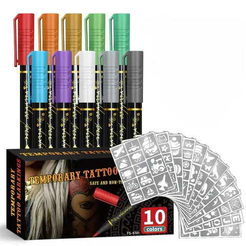 10 Colors Temporary Tattoo Pens Set, 12 Tattoo Stencils, Waterproof Sweatproof Body Markers for Kids Adults, Halloween Party Supplies