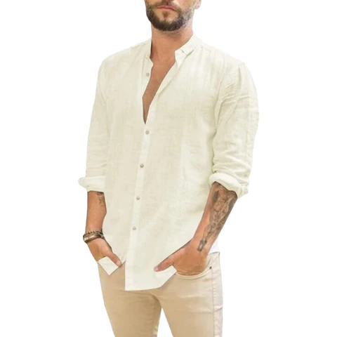 Men's Long Sleeve Shirt Linen Regular fit (beige， M)