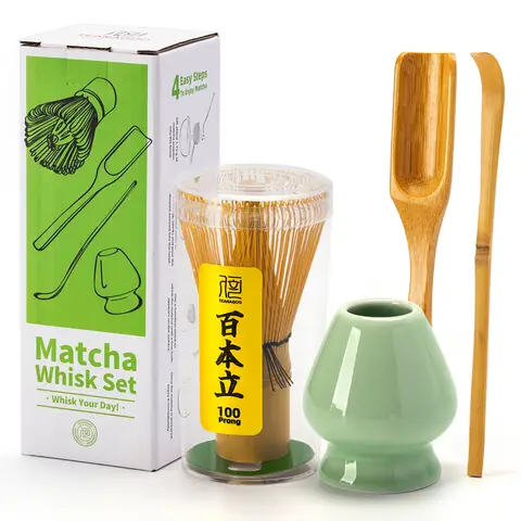 TEANAGOO Kit matcha avec fouet en bambou, porte-fouet, pelle et cuillère en bambou - Céladon vert 
