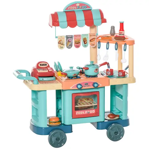 HOMCOM 50 Pcs Kids Kitchen Play set Fast Food Trolley Cart Pretend Playset Toys with Play Food Cashier Register Accessories