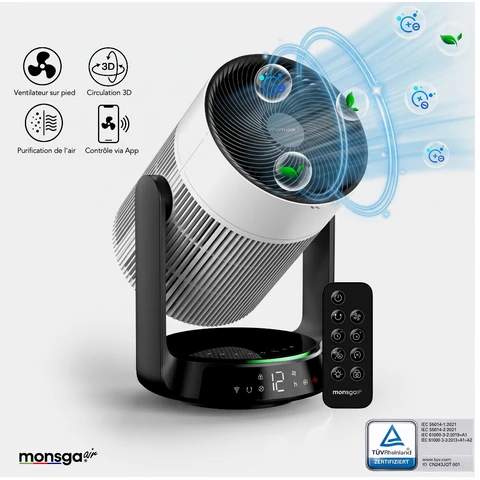 Monsga AP200 Ventilateur sur Pied 2-en-1 avec Purificateur d’Air, Oscillation 360°, CADR 280 m³/h, Silencieux 25 dB, Télécommande & App