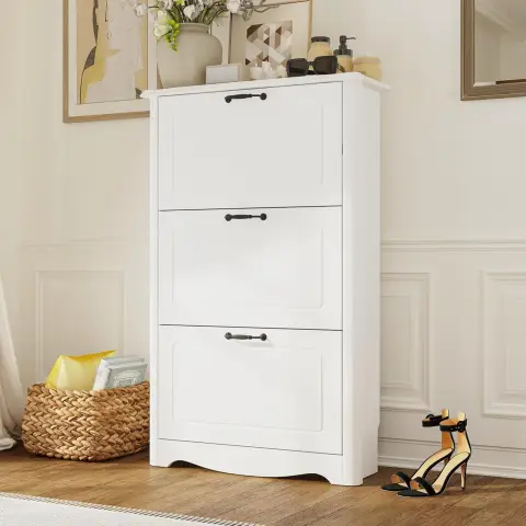 Caldion Schuhregal mit 3 Türen, Schmaler Schuhschrank mit 6 Regalen, Weiße Schuhaufbewahrung, 71,6 * 26,5 * 112cm, Verstärkte MDF-Platte