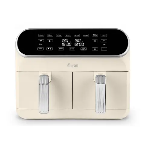 Swan Retro Dual Basket Digital Air Fryer with Swan Cyclone Technology - Cream, 8L, 1700W, 8 Pre Set Cooking Options, SD10519CRM