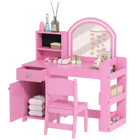 AIYAPLAY Kids Vanity Table and Chair Set, Girls Dressing Table with 2-Colour LED Mirror, Stool, Cabinet, Drawer, shelf Pink