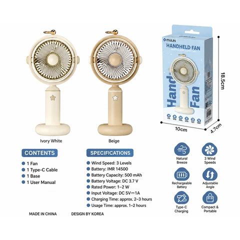 MULIN MU-SFS804 500 mAh Mini-Elektroventilator mit Standfuß und TyP-C-Ladekabel – Kann als Hand- oder Standventilator verwendet werden; Erhältlich in zwei niedlichen Farben, zufällig versendet