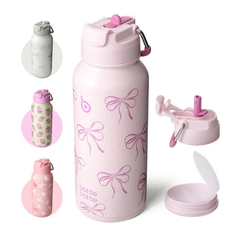 Bottle Bottle Gourde isotherme 32 oz en acier inoxydable avec paille, bouchon à double usage, pour le sport, compartiment pour pilules, motif nœud rose, offre annuelle, idées cadeaux