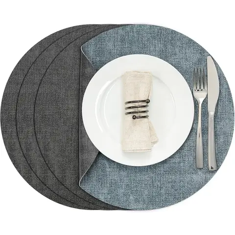 14.9" Round Placemats , Dual-Sided Faux Leather Heat Resistant Table Mats, Waterproof Oilproof Washable Protective Table Placemats , Wipeable Vinyl for Indoor & Outdoor Use，4pcs