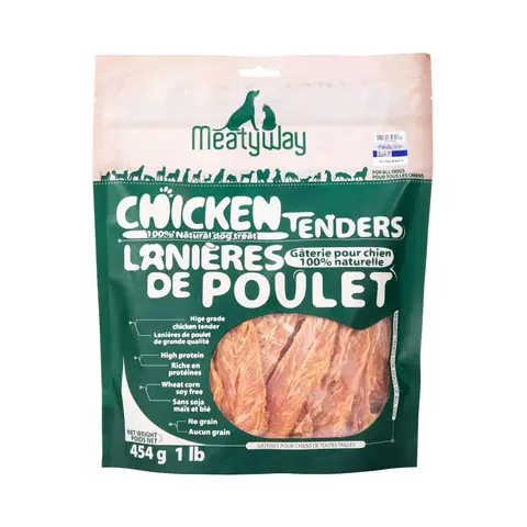 MeatyWay Chicken Jerky Tender Dog Treats, High Protein, Low Fat, 100% Natural and Healthy Chicken & Grain Free Dog Snacks, Easy to Digest Training Treats, 454g/16 oz. Bag
