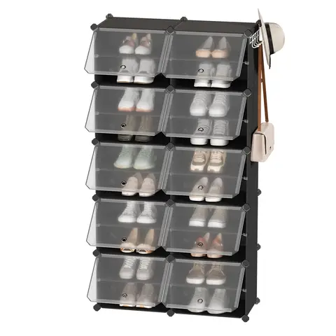 SONGMICSHOME  Modular Shoe Storage Cabinet, 10-Compartment Organiser with Doors, Plastic Panels and Steel Frame, Entryway, Black