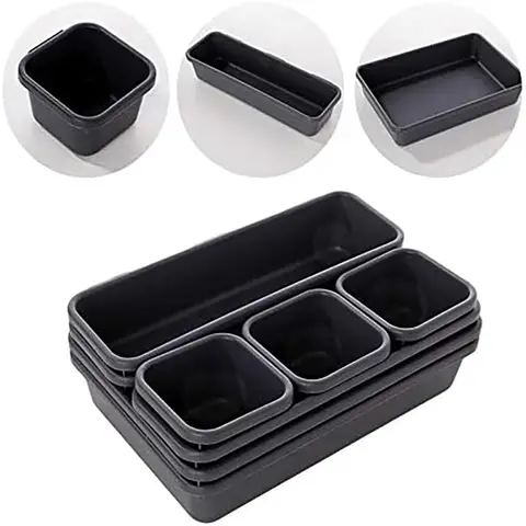 1set of drawer organizer boxes, featuring an integrated divider system, adjustable dividers, and ample storage space for tableware. Suitable for drawers, made of plastic,black