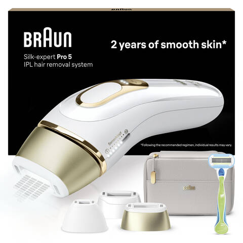 Braun IPL Silk-Expert Pro 5 PL5257, At Home Hair Removal Device with Pouch and 3 attachments, White/Gold, PL5257