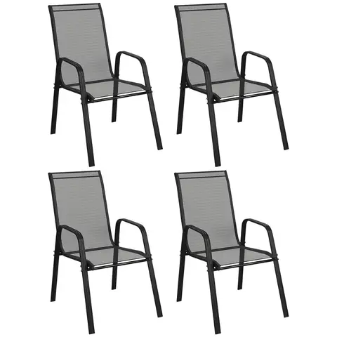 Outsunny 4 Pieces Garden Chairs, Stackable Outdoor Chairs with High Backrest and Armrest, Breathable Mesh Fabric Dining Chair Set of 4, Black